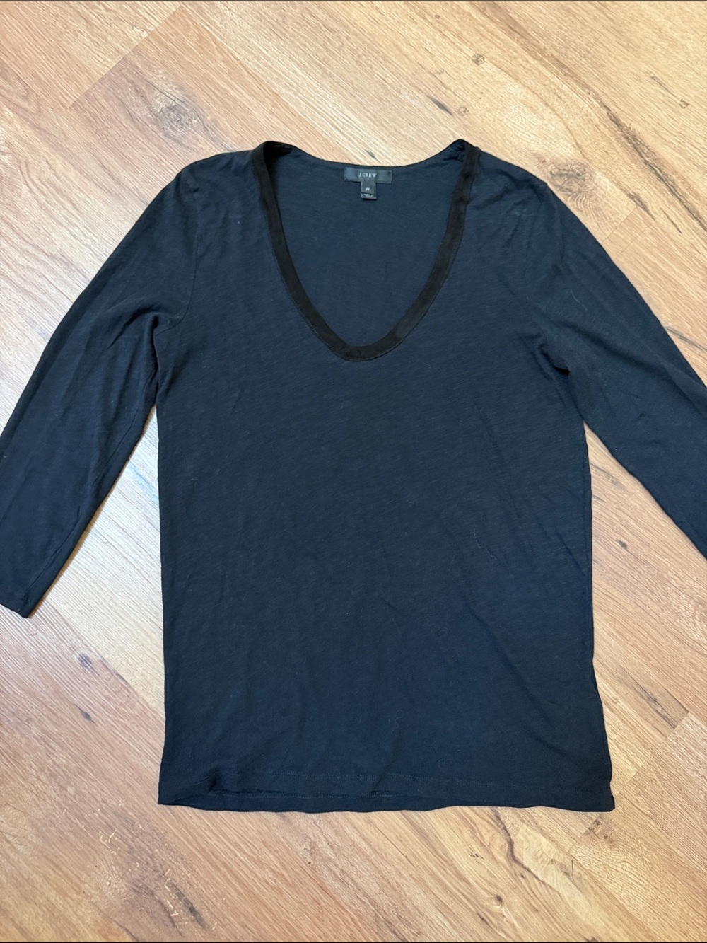 J. Crew Black Long-Sleeve V-Neck Tee with 100% Suede Trim, size M